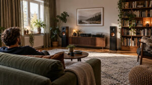 HiFi-Wohnzimmer mit Lautsprechern, Teppich und Vorhängen zur Verbesserung der Raumakustik.