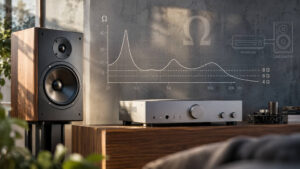 Lautsprecher und HiFi-Verstärker mit Impedanzdiagramm für 4, 6 und 8 Ohm.