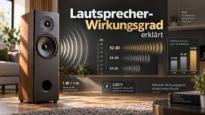 Lautsprecher-Wirkungsgrad mit Vergleich von 85, 88 und 92 dB sowie Angaben zu 1 W/1 m und 2,83 V.