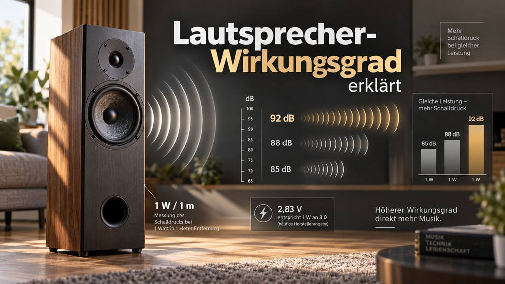 Lautsprecher-Wirkungsgrad mit Vergleich von 85, 88 und 92 dB sowie Angaben zu 1 W/1 m und 2,83 V.