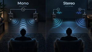 Mono und Stereo im HiFi schematisch mit Lautsprechern, Audiokanälen und räumlicher Stereo-Klangbühne im Vergleich