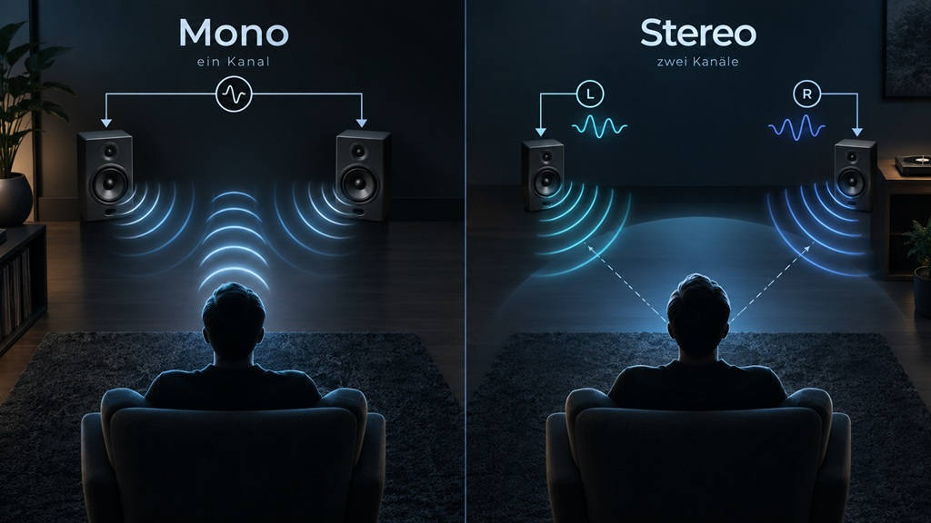 Mono und Stereo im HiFi schematisch mit Lautsprechern, Audiokanälen und räumlicher Stereo-Klangbühne im Vergleich