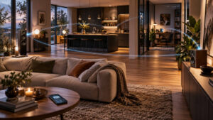 Multiroom-Lautsprecher in mehreren Räumen über WLAN verbunden und per Smartphone für Musikstreaming gesteuert.