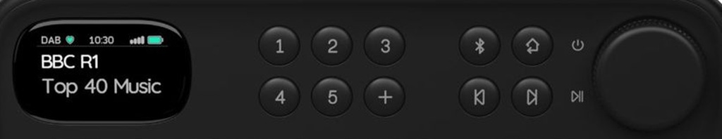 PURE Bloom Bedienpanel mit DAB-Farbdisplay, Favoritentasten, Bluetooth-Taste und Lautstärkeregler