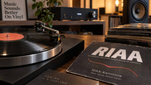 Plattenspieler mit Schallplatte und Darstellung der RIAA-Kennlinie zur RIAA-Entzerrung am Phono-Vorverstärker.