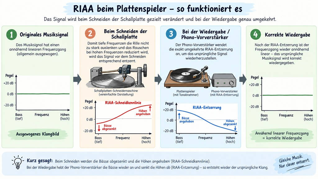 Schematische Grafik zur RIAA-Entzerrung beim Plattenspieler mit vier Schritten: Originalsignal, RIAA-Schneidkennlinie, Wiedergabe über Phono-Vorverstärker und korrekt entzerrter Frequenzgang.