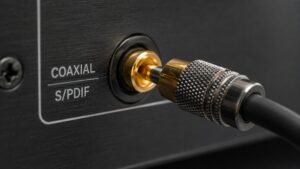 Koaxialer S/PDIF-Anschluss mit angeschlossenem Digitalkabel an einem HiFi-Gerät