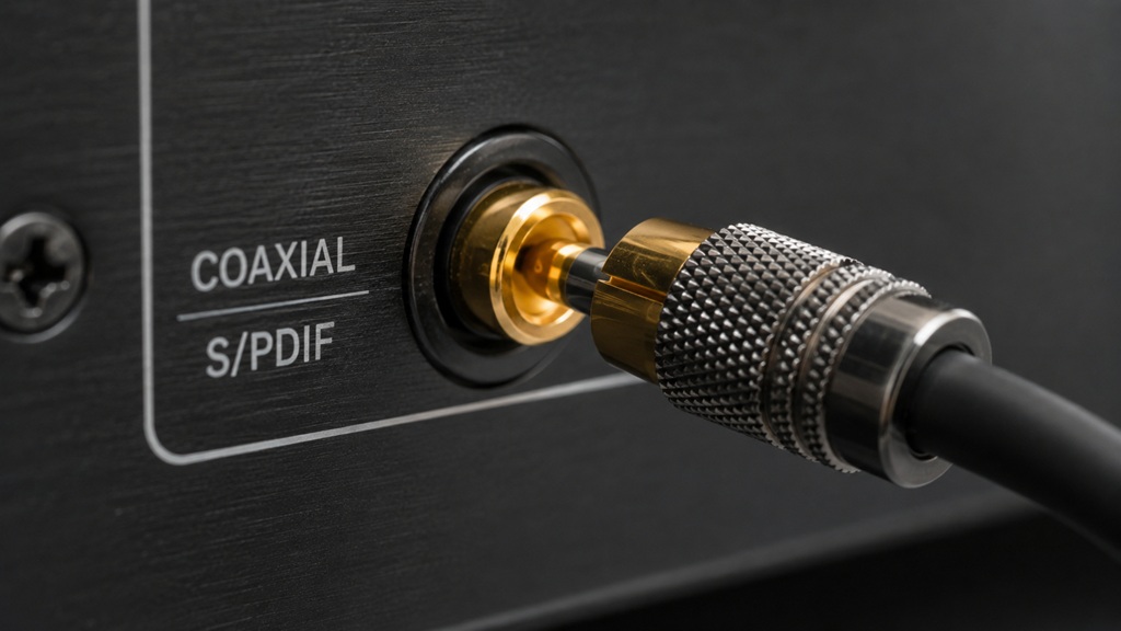 Koaxialer S/PDIF-Anschluss mit angeschlossenem Digitalkabel an einem HiFi-Gerät