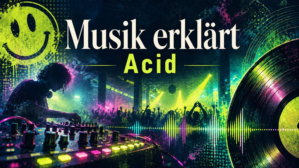 Musik erklärt Acid Genre mit DJ, Synthesizer, Rave-Crowd, Smiley, Vinyl und neonfarbener Acid-House-Atmosphäre.