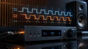 HiFi-DAC mit schematischer Darstellung von Jitter und zeitlichen Abweichungen eines digitalen Clock-Signals.