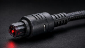 TOSLINK-Stecker mit rotem Licht für optische digitale Audioübertragung im HiFi-Bereich.