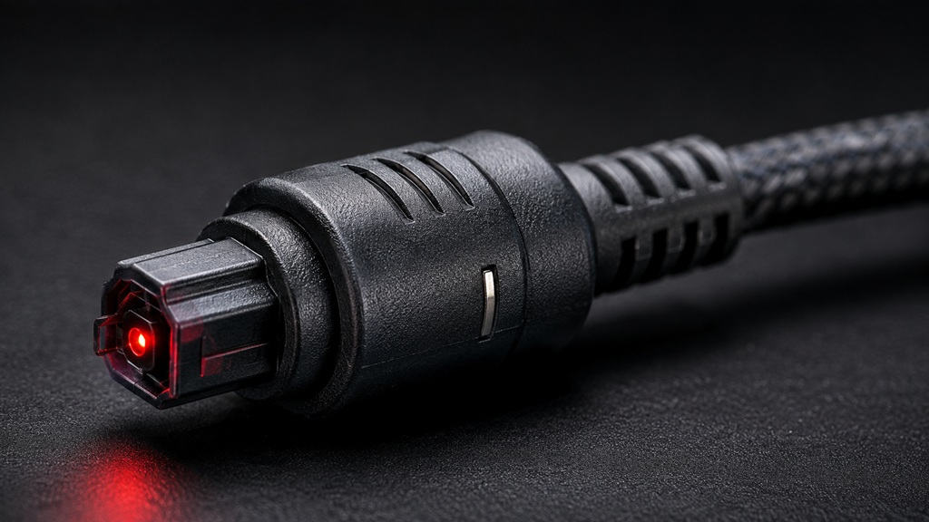TOSLINK-Stecker mit rotem Licht für optische digitale Audioübertragung im HiFi-Bereich.