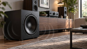 HiFi-Subwoofer in einer Stereoanlage im Wohnzimmer für tiefe Bassfrequenzen und mehr Klangfundament