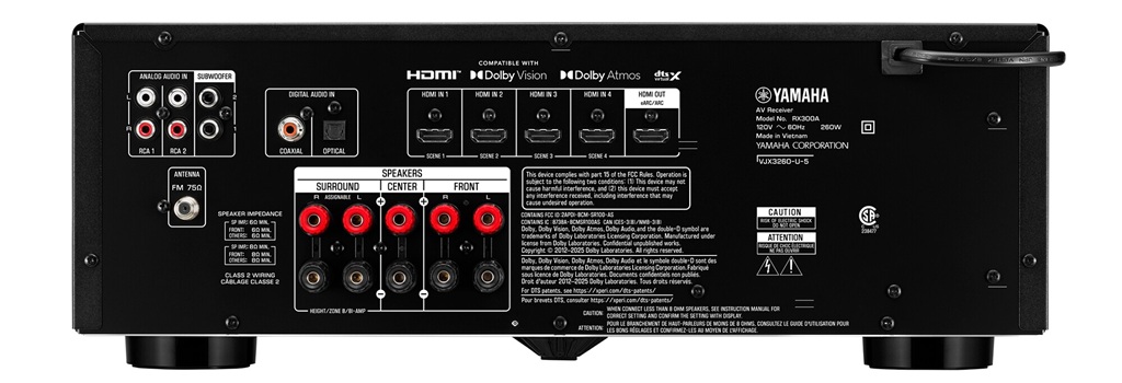 Yamaha RX300A Rückseite mit vier HDMI-Eingängen, Digital- und Analoganschlüssen, zwei Subwoofer-Ausgängen und 5.2-Lautsprecheranschlüssen.