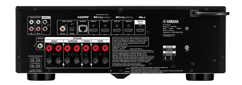 Yamaha RX500A Rückseite mit HDMI, Netzwerk, Digitaleingängen, zwei Subwoofer-Ausgängen und Anschlüssen für 7.2- und 5.2.2-Heimkino.