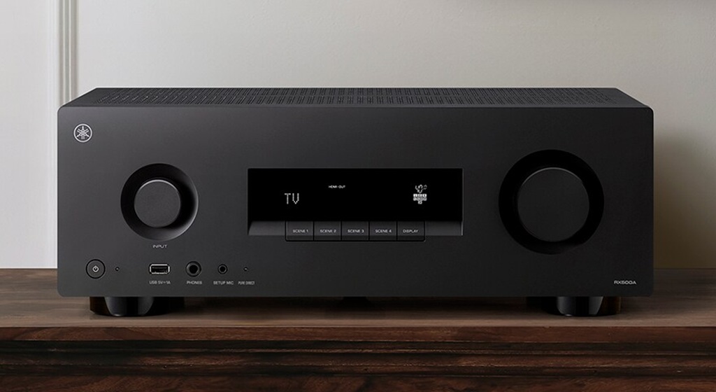 Yamaha RX500A AV-Receiver mit Dolby Atmos, 7.2 Kanälen, 8K und Netzwerk-Streaming in schwarzer Ausführung.