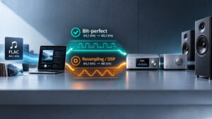 Bit-perfect Wiedergabe im Vergleich zu Resampling: FLAC-Datei, Laptop, DAC und HiFi-Lautsprecher mit zwei digitalen Signalwegen von 44,1 zu 44,1 beziehungsweise 48 kHz.