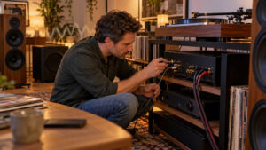 HiFi-Anlage brummt: Mann überprüft Cinchkabel und Masseanschluss am Verstärker neben einem Plattenspieler, um Brummschleifen zu finden.