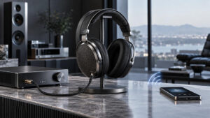 Bluetooth oder Kabel bei HiFi-Kopfhörern: Over-Ear-Kopfhörer mit Kabel am Verstärker, daneben ein Smartphone mit symbolischen Bluetooth-Funkwellen.