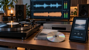 Vinyl, CD und Streaming im Vergleich: Plattenspieler, CD und Tablet vor einem Monitor mit zwei Wellenformen für dynamisches und komprimiertes Mastering.