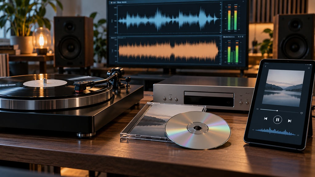 Vinyl, CD und Streaming im Vergleich: Plattenspieler, CD und Tablet vor einem Monitor mit zwei Wellenformen für dynamisches und komprimiertes Mastering.