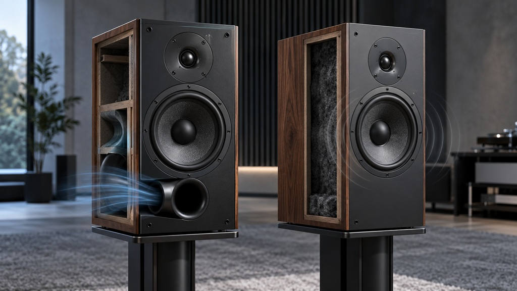 Bassreflex oder geschlossen: Zwei HiFi-Lautsprecher im Vergleich – links mit Bassreflexöffnung und Luftströmung, rechts mit geschlossenem, gedämmtem Gehäuse.