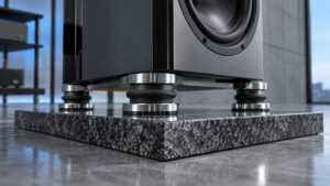 Lautsprecher entkoppeln: Nahaufnahme eines HiFi-Standlautsprechers mit elastischen Gummifüßen und Metallabsorbern auf einer massiven Granitplatte.