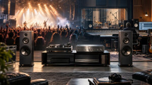 Live-Album oder Studioalbum im Vergleich: Links Konzertbühne mit Publikum, rechts Tonstudio mit Mischpult, davor HiFi-Anlage mit Plattenspieler und Lautsprechern.