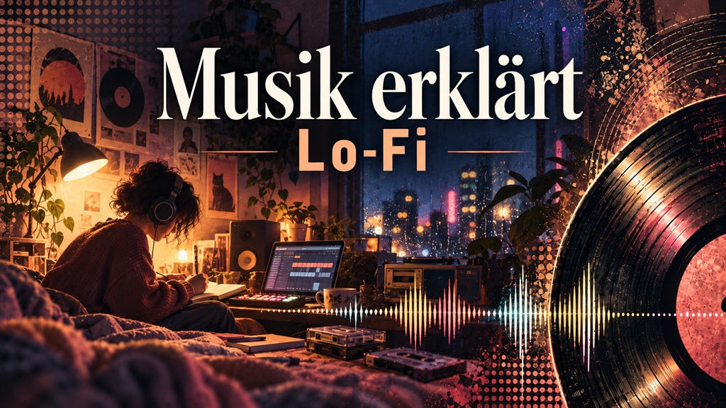 Lo-Fi Musik erklärt – Person mit Kopfhörern im Schlafzimmer-Studio, Laptop, Kassetten, Vinyl und Audio-Wellenform in gemütlicher Nachtatmosphäre.