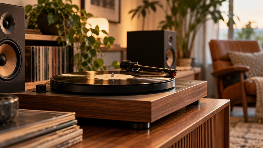 Plattenspieler für Anfänger mit Vinyl-Schallplatte auf einem Holz-Sideboard neben HiFi-Lautsprechern im Wohnzimmer.